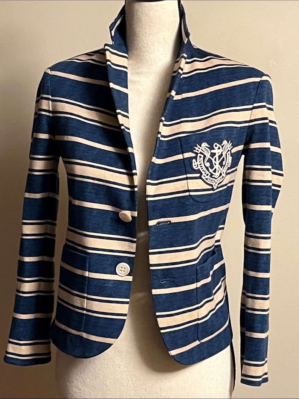 Ralph Lauren Navy & Cream Striped Blazer with Anchor Crest, size 0, XXS